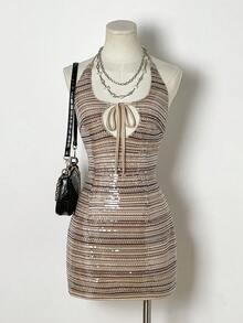 Flirla Women's Sexy Glitter Bodycon Vintage Mini Dress - Brown - View 1