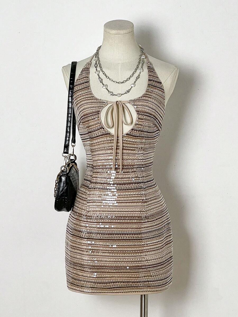 Flirla Women's Sexy Glitter Bodycon Vintage Mini Dress - Brown - View 1