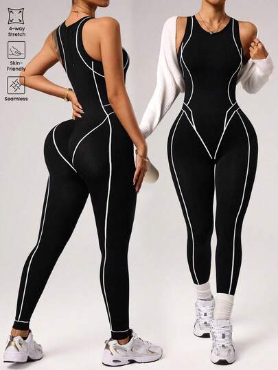 Dewbera Women's Seamless Black Activewear Jumpsuit, Line Design 7/8 Length Jumpsuit For Fitness, Yoga, Outdoor Running