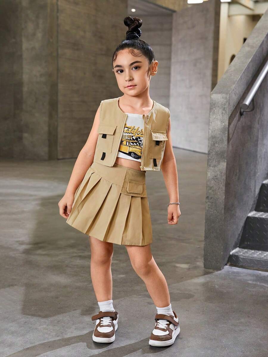 SHEIN Explorewe 年輕女孩3件套裝(小車與字母圖案的背心、襯衫+塗層細節百褶裙+拉鍊背心外套) - 彩色 - 查看 1