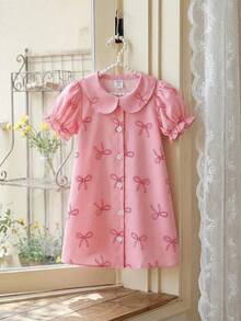 Souflis Souflis 女婴彼得潘领泡泡袖A字衬衫裙，蝴蝶印花，甜美可爱，夏季新款 - 粉色 - 查看 8