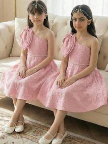 SHEIN 少女休闲优雅欧根纱串珠泡泡袖公主裙，杏色 - 杏色 - 查看 6