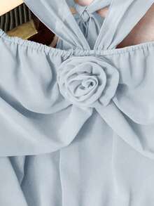 Seusyu 1pc Women Off Shoulder Tie-Neck Floral Embroidery Long Sleeve Blouse - Baby Blue - View 7