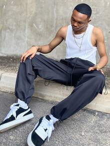 Ngobest Haus Ngobest Haus Men's Casual Multi-Pocket Straight Leg Cargo Pants, Drawstring Waist Adjustable Flap Pockets & Leg Openings, Oversized Loose Fit - Black - View 6