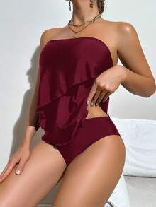 Swim Basics 优雅花卉下摆女士沙滩度假抹胸式吊带泳衣套装 - 酒紅色 - 查看 4