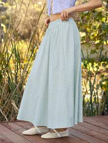 WESTFADE Women's Black And White Plaid Midi Skirt,Elastic Waist Pleated Seersucker Gingham A Line,Autumn,Conservative,Beach,Vacation,Holiday Resort Wear,Summer - Green - View 4