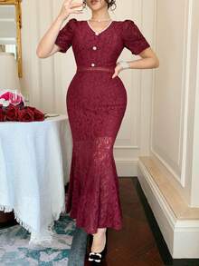 DAZY Women's Elegant Solid Color Lace V-Neck Puff Sleeve Fishtail Midi Dress, Summer Wedding Guest Dress Sundress - Burgundy - View 7
