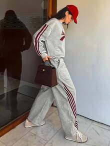 Aidyla Set de 2 sudaderas con capucha de felpa con rayas de colores contrastantes, estilo callejero de moda - Gris - Ver 4