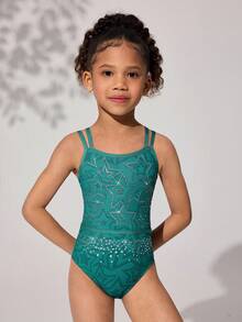 Young Girls Gymnastics Leotard, Professional Sports Gymnastics Dance High Stretch Breathable Green Sparkling Star Pattern Rhinestone Jumpsuit - Green - View 6