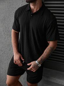 Manfinity Homme Men's Solid Color Half-Zip Short Sleeve Casual Summer Daily Polo Shirt Set - Black - View 4