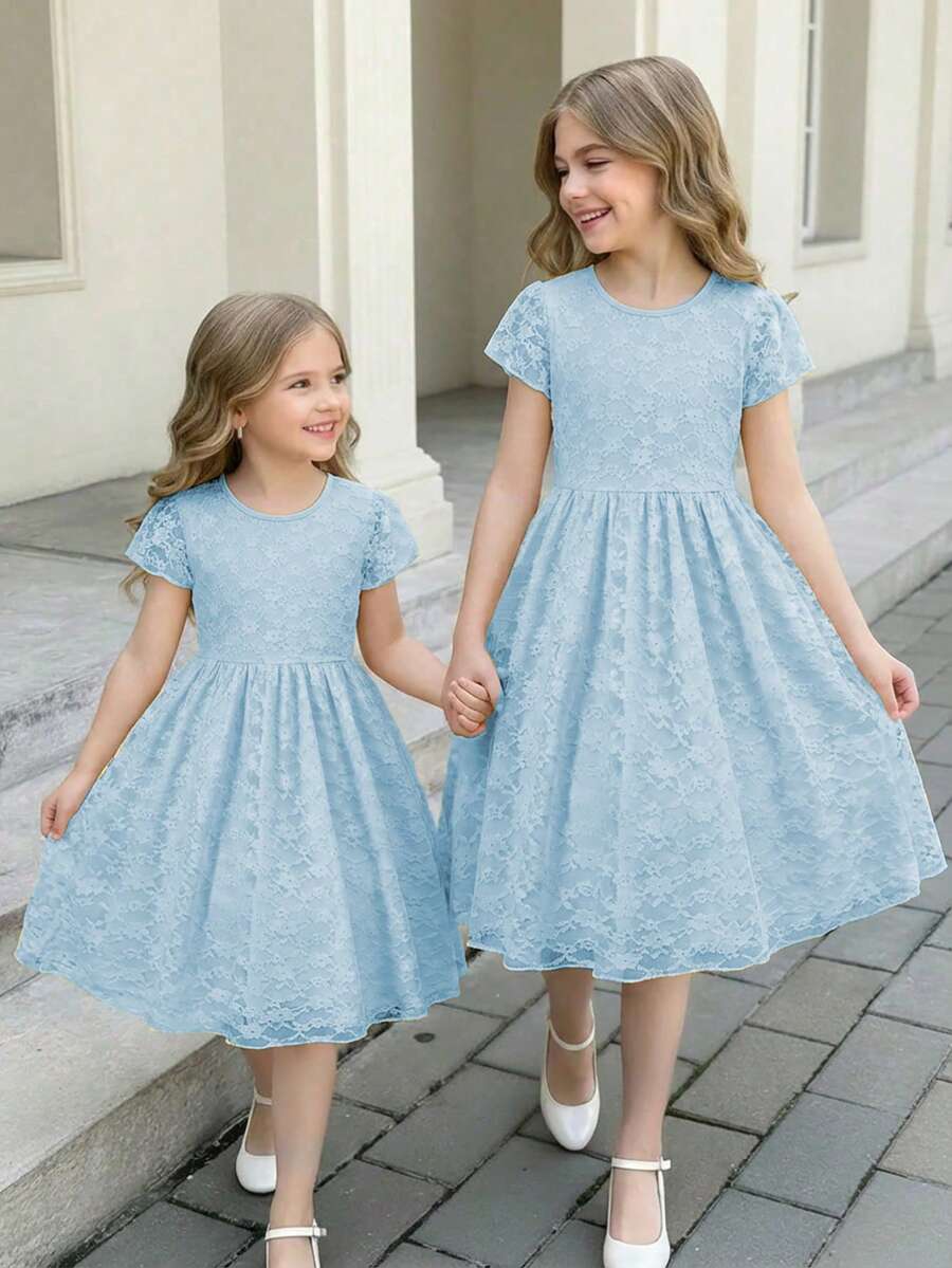 Cute Yellow Lace Trim A-Line Dress With Flutter Sleeves For Toddler Girls, Soft & Adorable Design Suitable For Family Gatherings And Outdoor Activities, Spring/Summer - Baby Blue - View 1