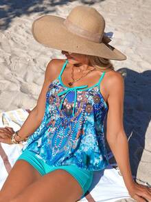 Swim Lushoire Casual Vacation Conservative European And American Style Blue Totem Print Tie-Up Camisole Bikini Top And Mint Green Shorts Vacation Set, 2pcs - Multicolor - View 8