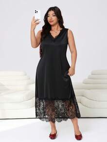 Muchica Đầm không tay cổ chữ V phối ren màu trơn, cỡ lớn, thanh lịch, thích hợp cho mùa hè. - màu đen - Xem 3