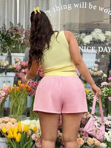 GalTyme 加大码黄色圆领背心和撞色口袋短裤两件套 - 彩色 - 查看 2