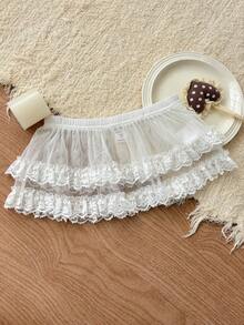 DAZY Falda mini de cintura elástica con contraste de encaje y malla, estilo casual de verano para adolescentes - Blanco - Ver 2