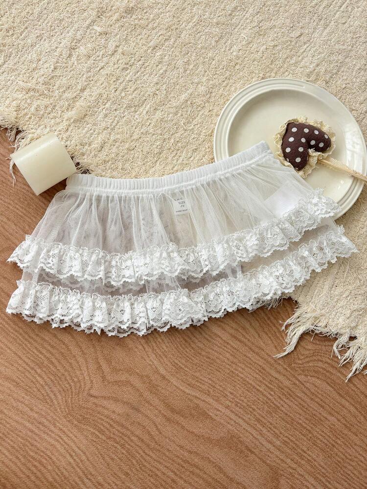 Teen Girls' Summer Casual Mesh Contrast Lace Elastic Waist Mini Skirt