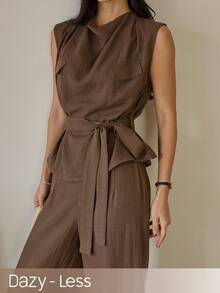 Dazy-Less 春夏修身休闲通勤职业套装，短款上衣搭配直筒裤，优雅通勤复古风，女士之选 - 咖啡棕 - 查看 1