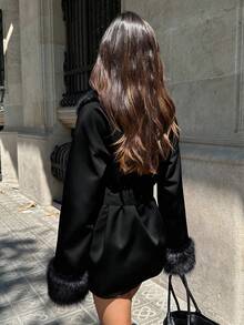 Aloruh Áo khoác ngoài cổ lông nhân tạo chắp vá màu mơ dành cho nữ thời trang đi làm thường ngày phong cách retro kèm thắt lưng, mùa thu/đông - màu đen - Xem 2