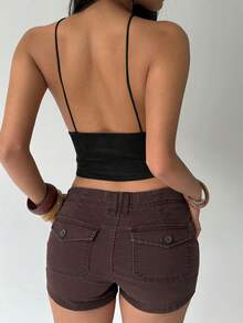 Aloruh Women's Solid Color Beaded Halter Backless Bodycon Fashionable Top - Black - View 2