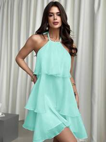 Firerie Elegant Romantic Date Backless Layered Hem White Organza Halter Neck Puff Dress, Suitable For Valentine's Day ,Summer Dress - Green - View 7