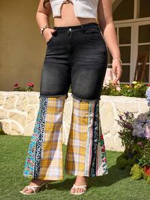 Breezaya Plus Size Women's Spring/Summer Patchwork Plaid Flare Leg Jeans - Multicolor - View 6