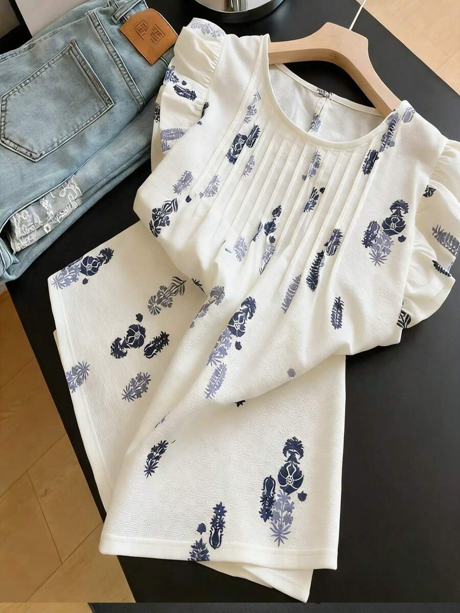 Lyxana 女士印花圆领休闲褶皱短袖衬衫 - 彩色 - 查看 1