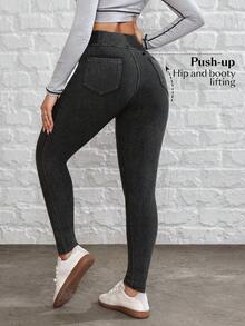 Flexra 女士休闲高腰修身牛仔裤，适合日常通勤 - 黑色 - 查看 2