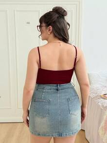 CovetEZ Plus Size Solid Color Round Neck Tight Elastic Bodysuit - Burgundy - View 4