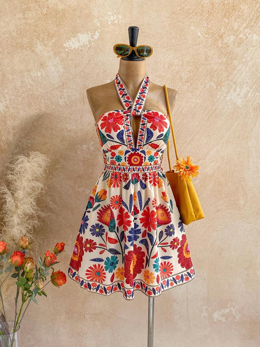 Soleia 女士夏季度假印花系带打结腰身连衣裙 - 彩色 - 查看 1