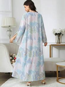 Al Najma 女士树叶印花缺口领扭结流苏装饰优雅长袖连衣裙 - 藍色 - 查看 3