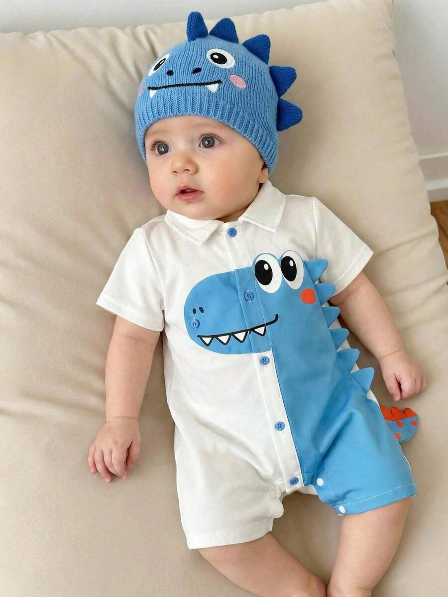 SHEIN Bộ áo liền quần tay ngắn cổ bẻ họa tiết khủng long hoạt hình dễ thương, kiểu dáng giản dị và đa năng dành cho bé trai và bé gái, thích hợp cho mùa xuân/hè.
