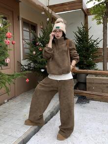 DAZY 女士羊羔绒卫衣和休闲裤两件套，秋冬款 - 咖啡棕 - 查看 3