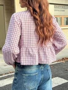 SHEIN EZwear 女士复古时尚黑白格子前襟天鹅绒系带泡泡袖宽松衬衫 - 藕粉色 - 查看 2