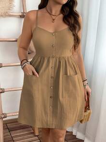 EMERY ROSE Đầm midi dây đeo eo, chất liệu cotton nguyên chất, dáng suông, thích hợp mặc hàng ngày vào mùa hè, có túi, dành cho người có thân hình mũm mĩm. - Màu Khaki - Xem 5