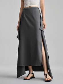 Ontre 2026春夏新款深灰色波浪褶裥半身裙，适合现代都市派对、返校季、都市简约休闲日常穿着、波西米亚风格、度假、节日等场合，春季女装半身裙 - 深灰色 - 查看 5