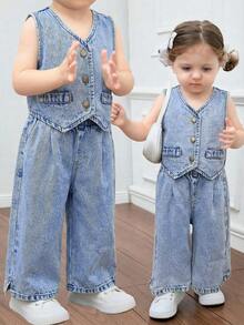 SHEIN HEIN 女童牛仔背带上衣和松紧腰裤两件套，儿童休闲度假波西米亚风家居服，毕业/派对/度假套装，秋季儿童休闲舒适装 - 淺色水洗藍 - 查看 4