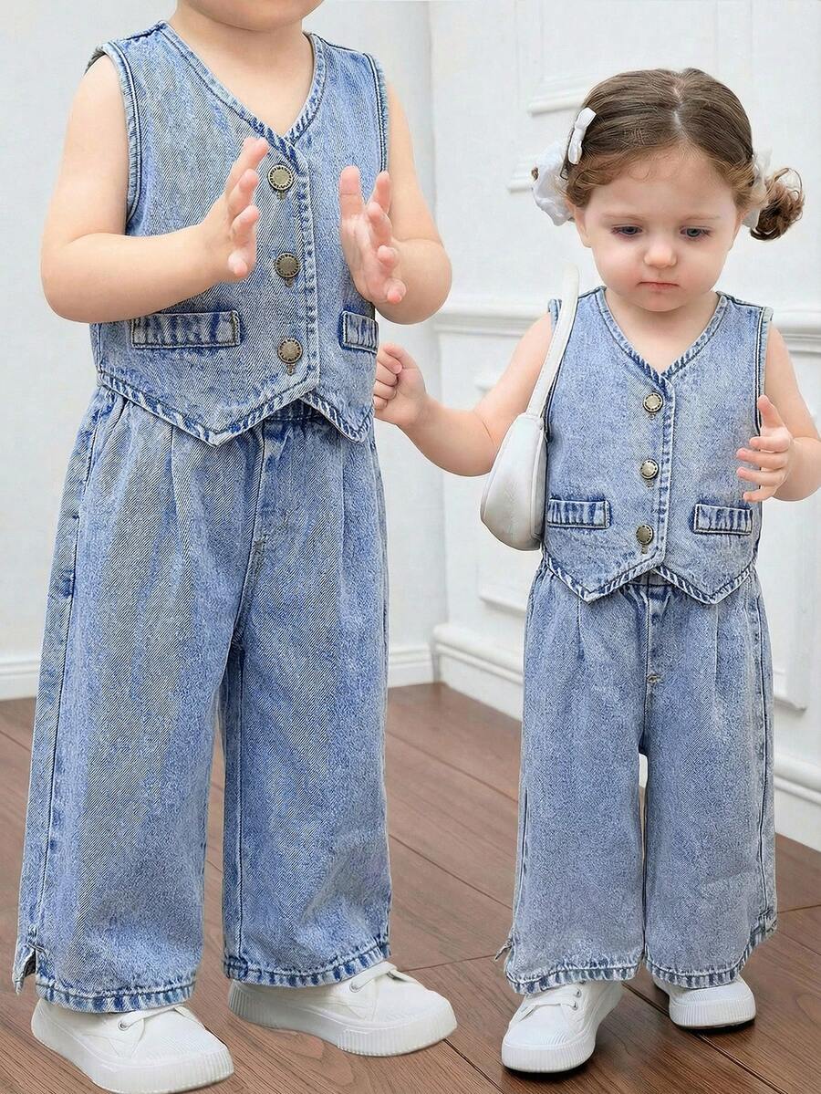 SHEIN HEIN 2pcs Baby Girls Denim Suspender Top & Elastic Waist Pants Set,Kid Girls Light Blue Summer Casual Vacation Boho Graduation Party Comfortable Wear - Light Wash - View 1