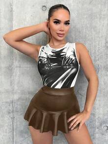 Zolique Falda-pantalón de mujer de moda casual de unicolor, de cintura alta con volantes en el bajo, de cuero sintético (PU) - Marrón - Ver 5