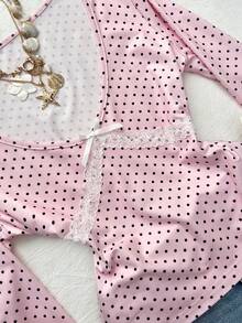 Elamini 女士深V领黑白波点印花长袖T恤，优雅修身休闲通勤款，适合返校季和教师穿着，秋冬季可爱粉色长袖上衣粉色波点上衣波点上衣 - 粉色 - 查看 4