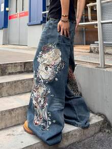 ROMWE MEN Jeans de corte holgado con patrón bordado para hombre - Azul lavado oscuro - Ver 6