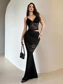 NOVVYNE Women's Contrast Lace Camisole Top And Elastic Waist Mermaid Hem Skirt 2 Pieces Set, Fitted And Fashionable - Black - View 1