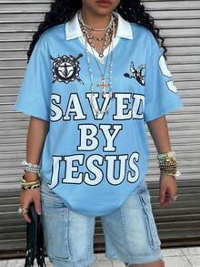 Rovax 女士标语印花短袖休闲T恤 - 藍色 - 查看 4