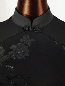 Mistrie Women's Mesh Embroidered Beaded See-Through Camisole, New Chinese Style Vacation Boho Sexy Plain Plaid Striped Casual - Black - View 5