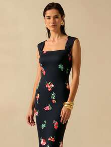 CAJUNI 女士方领修身优雅鸡尾酒会水果印花针织连衣裙 - 黑色 - 查看 5