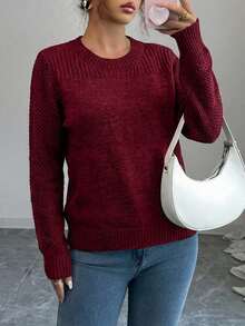 EURMUSE 女士休闲纯色圆领长袖毛衣，秋冬 - 紅色 - 查看 4