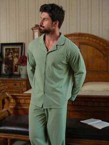 DAZY Herrpyjamasset med långärmad skjorta och byxor, vår - Grön - Visa 5