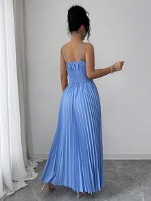 SHEIN Elenzya 女士藏蓝色吊带连衣裙，休闲沙滩度假连衣裙，胸部褶皱设计，腰部系带，裙摆褶皱，露背设计，适合20-35岁以上女性，适合休闲、度假、派对和正式场合，春夏款。 - 藍色 - 查看 2