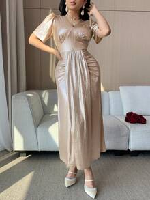 DAZY 女士优雅V领褶裥中长连衣裙，银色金属光泽，夏季 - 杏色 - 查看 6