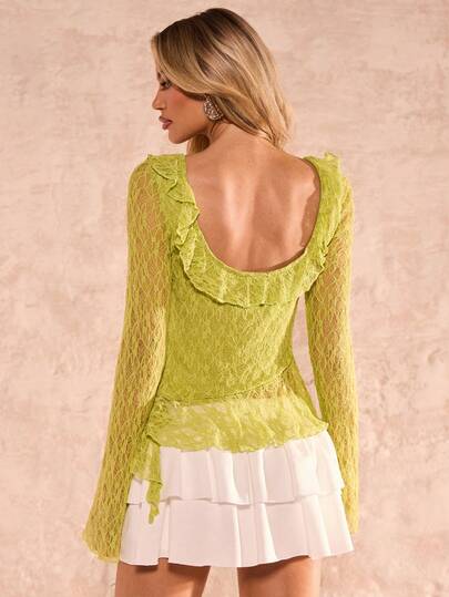 SHEIN Glamour Delicate French Style Mint Green Lace Ruffle Trim Lightweight Lace Fabric T-Shirt With Sheer Hazy Effect, Featuring Layered Ruffle Trim At Neckline, Hem And Cuffs, Plus Front Tie Detail, Sweet And Feminine Yet Slightly Sexy, Suitable For Casual Outings And Gatherings With Friends