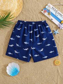 SHEIN 男童时尚宽松鲨鱼图案印花沙滩短裤，适合夏季、海滩、户外活动和游泳 - 藍色 - 查看 4